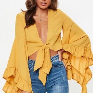 Bell sleeve mustard yellow tie top
